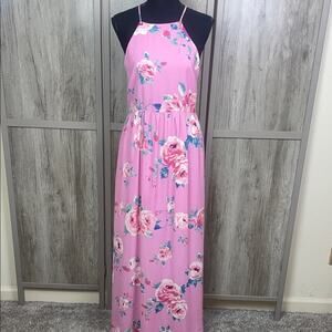 Everly Sleeveless Halter Floral Maxi floor length Pink Dress Women's S